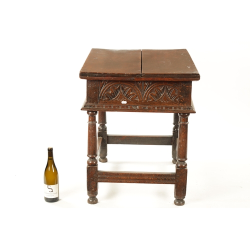 48 - A RARE 17TH CENTURY JOINED OAK BOX TOP SIDE TABLE the hinged top above a leaf carved arcaded frieze;... 