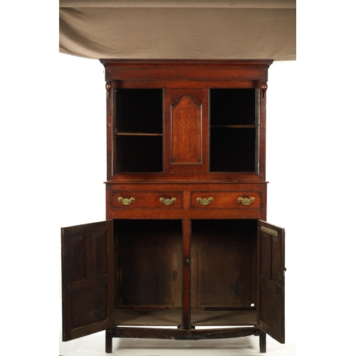 50 - AN 18TH CENTURY OAK DUODARN with arched triple panel top, two frieze drawers and panels cupboard bas... 