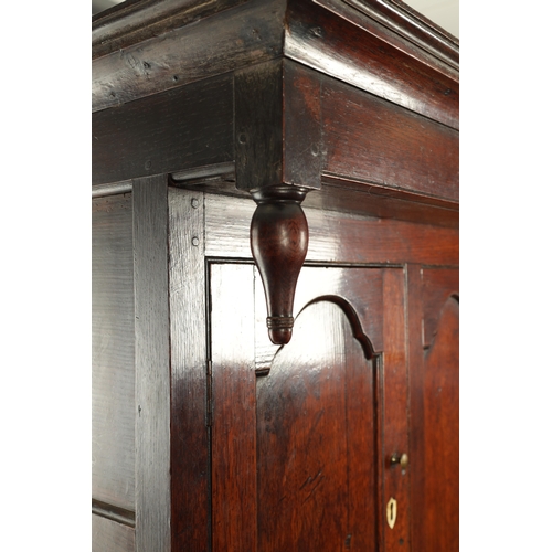 50 - AN 18TH CENTURY OAK DUODARN with arched triple panel top, two frieze drawers and panels cupboard bas... 