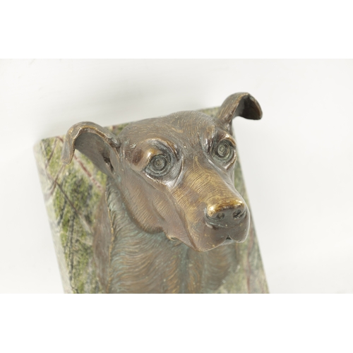 56 - A 20TH CENTURY BRONZE SCULPTURE OF A DOG'S HEAD mounted on a hanging marble back (21cm high 15.5cm w... 