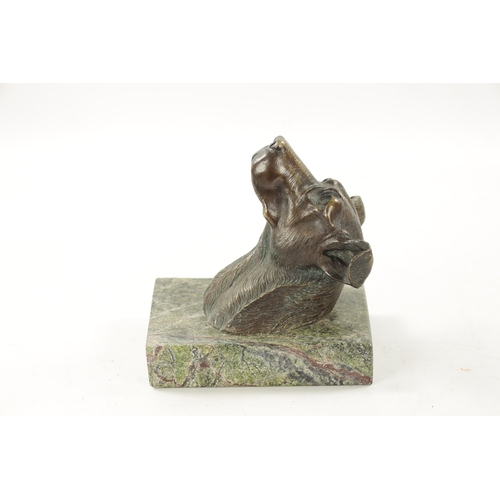 56 - A 20TH CENTURY BRONZE SCULPTURE OF A DOG'S HEAD mounted on a hanging marble back (21cm high 15.5cm w... 