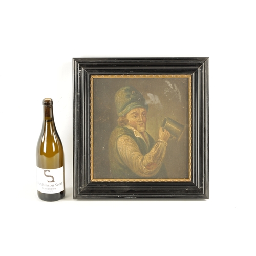 63 - AN 19TH CENTURY OIL ON PANEL depicting a gentlemen drinking out of an ale jug - in ebony frame. (30c... 