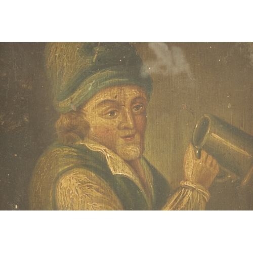 63 - AN 19TH CENTURY OIL ON PANEL depicting a gentlemen drinking out of an ale jug - in ebony frame. (30c... 