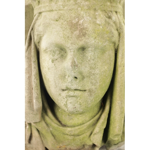 66 - AN 18TH CENTURY CARVED STONE HEAD POSSIBLY GUINEVERE (the head 34cm high 24cm wide)