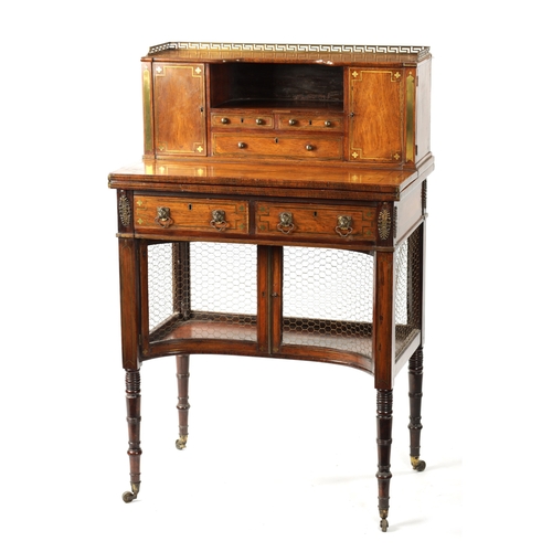 67 - A FINE REGENCY BRASS INLAID ROSEWOOD BONHEUR DE JOUR IN THE MANNER OF JOHN MCLEAN the raised superst... 