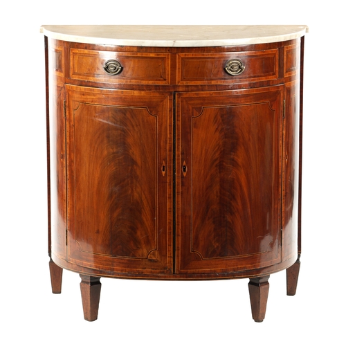 68 - A GEORGE III FIGURED MAHOGANY AND CROSSBANDEED DEMI LUNE COMMODE with fitted frieze drawer above a p... 