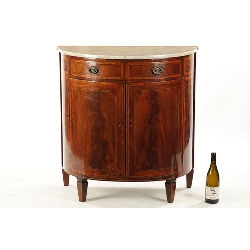 68 - A GEORGE III FIGURED MAHOGANY AND CROSSBANDEED DEMI LUNE COMMODE with fitted frieze drawer above a p... 