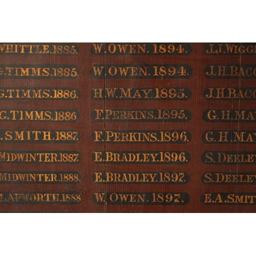 7 - AN 19TH CENTURY PAINTED MASONIC PANEL OF MASONS NAMES AND DATES (70cm wide 80cm high)