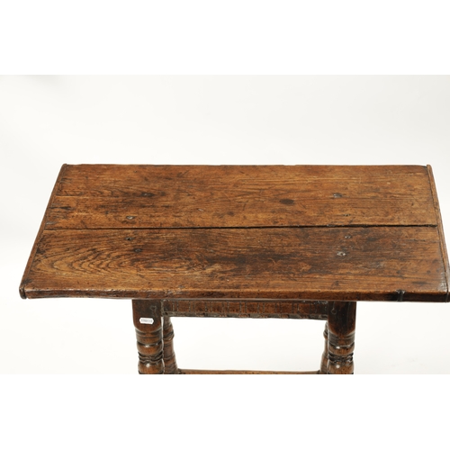 72 - A RARE 17TH CENTURY JOINED OAK TAVERN STOOL/TABLE with overhanging plank top above a ring turned bas... 