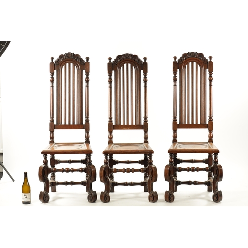 74 - A RARE SET OF TEN EARLY 18TH CENTURY WILLIAM AND MARY STYLE OAK CHAIRS with tall slatted backs dishe... 