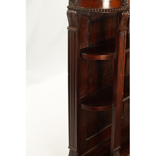 75 - A REGENCY FIGURED ROSEWOOD OPEN BOOKCASE OF SMALL SIZE with marble top above three shelves supported... 