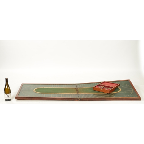 87 - AN EARLY 19TH CENTURY TOTOPOLY RACING BOARD AND BOX OF LEAD HORSES (track is 65cm wide 162cm wide)