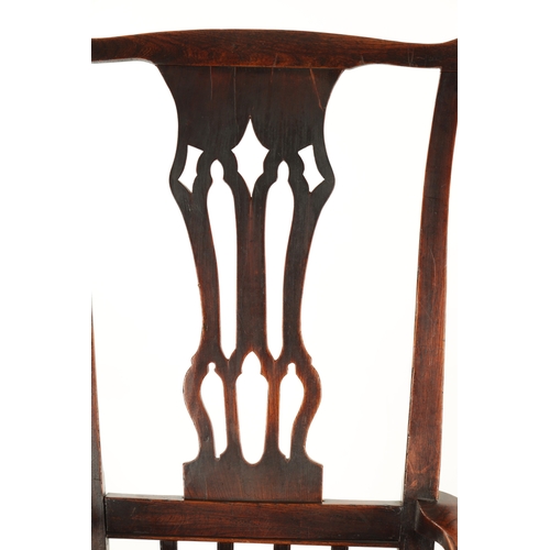 92 - AN UNUSUAL 18TH CENTURY TALL BACK COUNTRY ELM SPLAT BACK ARMCHAIR with scrolled arms, upholstered se... 