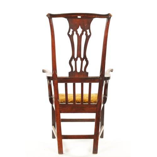 92 - AN UNUSUAL 18TH CENTURY TALL BACK COUNTRY ELM SPLAT BACK ARMCHAIR with scrolled arms, upholstered se... 