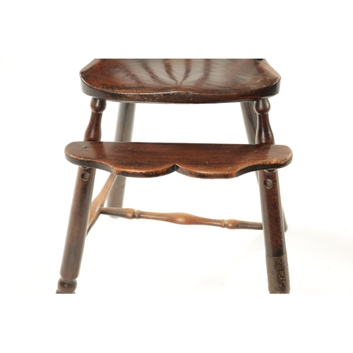 95 - A 19TH CENTURY FRUITWOOD CHILDREN'S SPINDLE BACK HIGH CHAIR possibly American with scrolled arms and... 