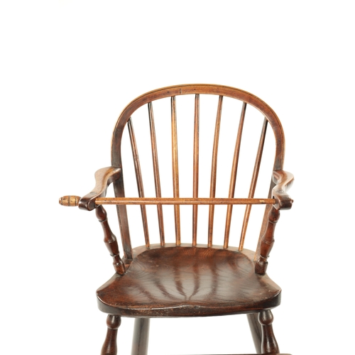 95 - A 19TH CENTURY FRUITWOOD CHILDREN'S SPINDLE BACK HIGH CHAIR possibly American with scrolled arms and... 