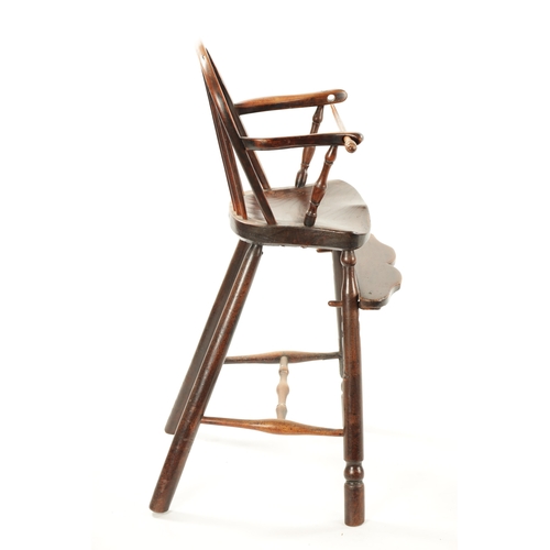 95 - A 19TH CENTURY FRUITWOOD CHILDREN'S SPINDLE BACK HIGH CHAIR possibly American with scrolled arms and... 