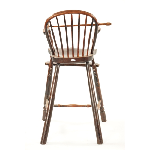 95 - A 19TH CENTURY FRUITWOOD CHILDREN'S SPINDLE BACK HIGH CHAIR possibly American with scrolled arms and... 