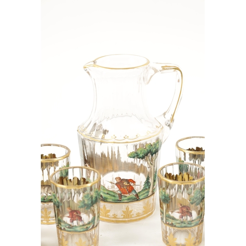 460 - A LATE 19TH CENTURY BOHEMIAN GLASS AND ENAMEL DRINKS SET the jug of faceted form, gilt rim and decor... 