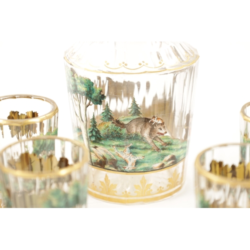 460 - A LATE 19TH CENTURY BOHEMIAN GLASS AND ENAMEL DRINKS SET the jug of faceted form, gilt rim and decor... 