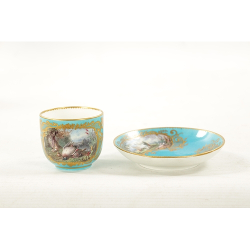 472 - A FINE LATE 18TH / 19TH CENTURY SEVRES PORCELAIN CUP AND SAUCER on a jewelled and gilded celestial b... 