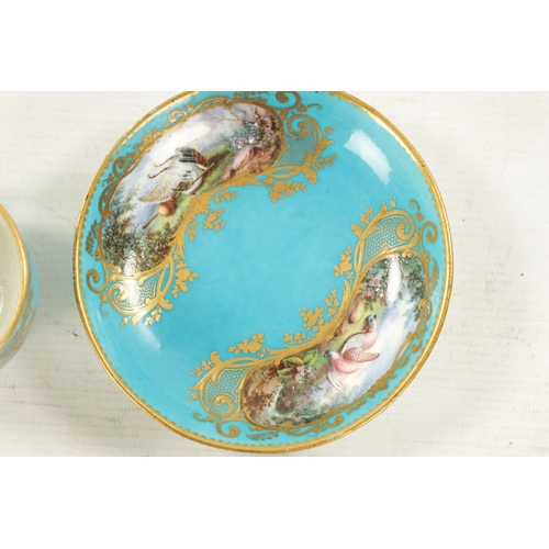 472 - A FINE LATE 18TH / 19TH CENTURY SEVRES PORCELAIN CUP AND SAUCER on a jewelled and gilded celestial b... 