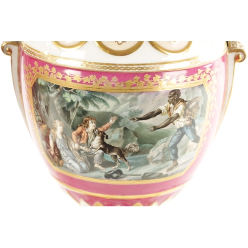 473 - A FINE PAIR OF BERLIN PORCELAIN URN-SHAPED VASES with classical figural scenes and gilt decoration o... 