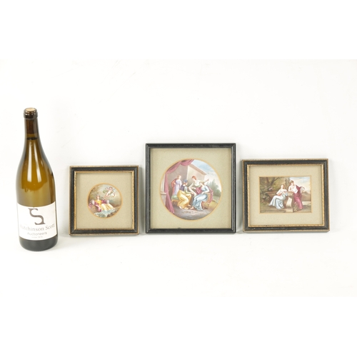 478 - A SET OF THREE FINE 19TH CENTURY LIMOGES ENAMEL PANELS depicting classical figural scenes. (7.5cm an... 