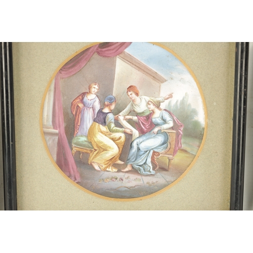 478 - A SET OF THREE FINE 19TH CENTURY LIMOGES ENAMEL PANELS depicting classical figural scenes. (7.5cm an... 