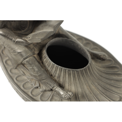 479 - AN 18TH CENTURY WEDGWOOD BLACK BASALT OIL LAMP of Grand Tour Roman design, the boat shaped leaf moul... 