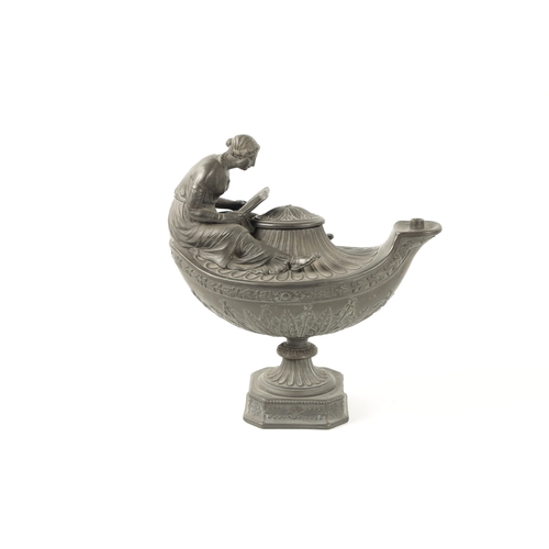 479 - AN 18TH CENTURY WEDGWOOD BLACK BASALT OIL LAMP of Grand Tour Roman design, the boat shaped leaf moul... 