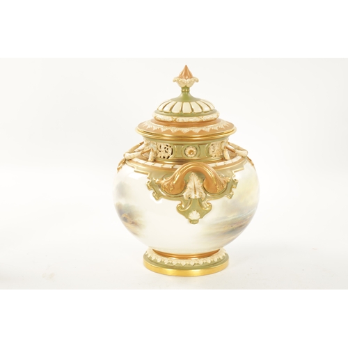 481 - JOHN STINTON A FINE ROYAL WORCESTER POT POURRI JAR AND COVER OF LARGE SIZE the richly gilt and green... 