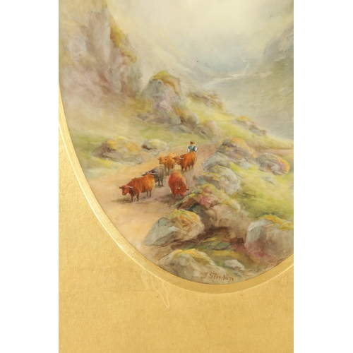 485 - JAMES STINTON A PAIR OF ROYAL WORCESTER FRAMED OVAL PORCELAIN PLAQUES finely painted with highland c... 