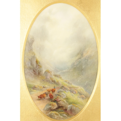 485 - JAMES STINTON A PAIR OF ROYAL WORCESTER FRAMED OVAL PORCELAIN PLAQUES finely painted with highland c... 