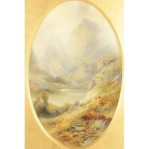 485 - JAMES STINTON A PAIR OF ROYAL WORCESTER FRAMED OVAL PORCELAIN PLAQUES finely painted with highland c... 