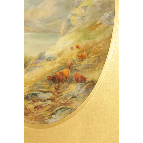 485 - JAMES STINTON A PAIR OF ROYAL WORCESTER FRAMED OVAL PORCELAIN PLAQUES finely painted with highland c... 