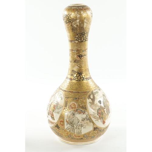 489 - A 19TH CENTURY JAPANESE SATSUMA BOTTLE NECK VASE decorated with figural landscape panels surrounded ... 