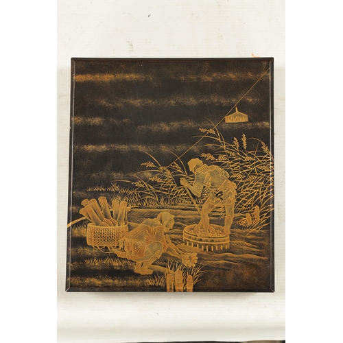 491 - A FINE JAPANESE MEIJI PERIOD LACQUER WORK SUZURIBAKO (WRITING BOX) decorated with farm workers to th... 