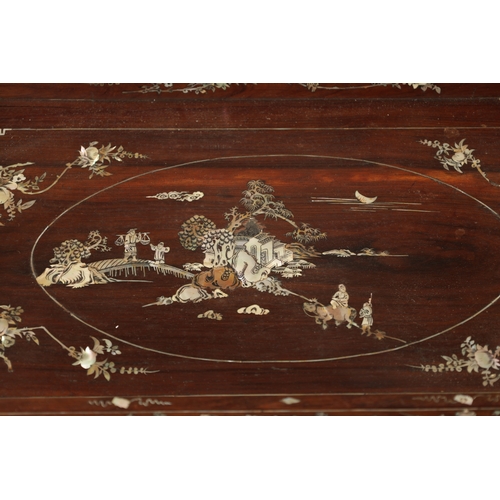 500 - A 19TH CENTURY CHINESE HARDWOOD AND MOTHER OF PEARL INLAID TRAY ON STAND decorated with landscapes. ... 