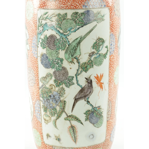 505 - A LARGE 18TH CENTURY CHINESE FAMILLE VERTE PORCELAIN VASE having panelled body depicting birds perch... 