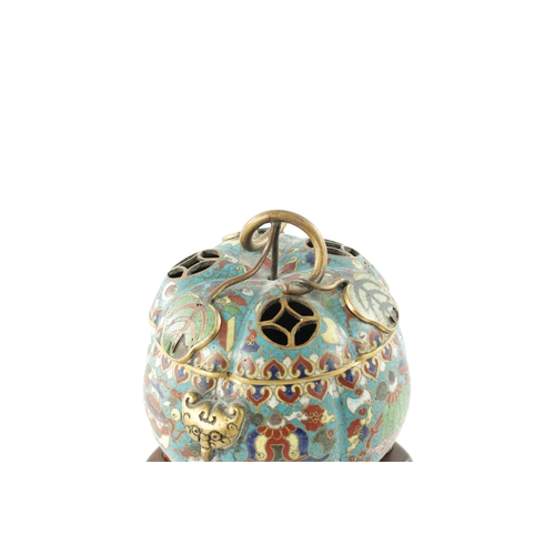 506 - A GOOD EARLY 19TH CENTURY CHINESE CLOISONNÉ INCENSE BURNER of bulbous form with pierced lid and rais... 