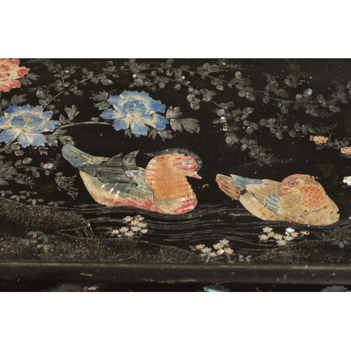 510 - A 19TH CENTURY EBONY AND MOTHER OF PEARL INLAID WRITING SLOPE depicting ducks swimming and flowering... 