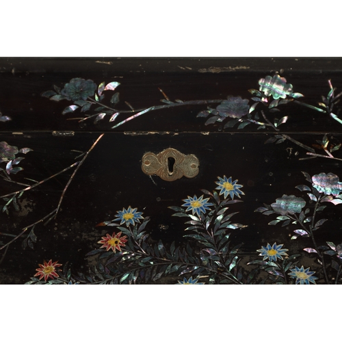 510 - A 19TH CENTURY EBONY AND MOTHER OF PEARL INLAID WRITING SLOPE depicting ducks swimming and flowering... 