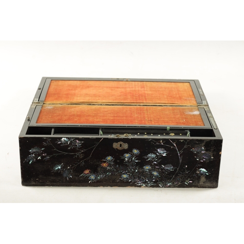 510 - A 19TH CENTURY EBONY AND MOTHER OF PEARL INLAID WRITING SLOPE depicting ducks swimming and flowering... 