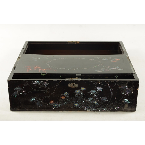 510 - A 19TH CENTURY EBONY AND MOTHER OF PEARL INLAID WRITING SLOPE depicting ducks swimming and flowering... 