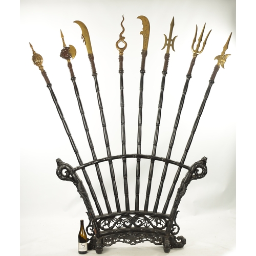 512 - A LATE 19TH CENTURY CHINESE HARDWOOD AND GILT BRONZE WEAPONS STAND with various decorative spears ab... 