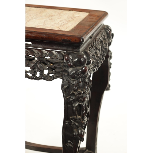 516 - A 19TH CENTURY CHINESE HARDWOOD JARDINIERE STAND with marble inset top and carved base (41cm square ... 