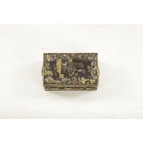 521 - A SMALL JAPANESE MEIJI PERIOD GOLD INLAID AND MIXED METAL BRONZE BOX with figural pagoda scenes to t... 