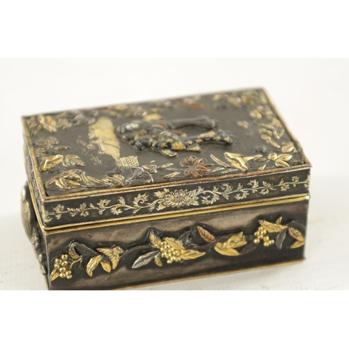 521 - A SMALL JAPANESE MEIJI PERIOD GOLD INLAID AND MIXED METAL BRONZE BOX with figural pagoda scenes to t... 