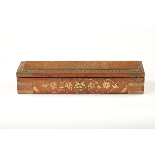 525 - A 19TH CENTURY ANGLO INDIAN BRASS INLAID HARDWOOD PEN AND INK BOX with fitted interior. (29cm wide)